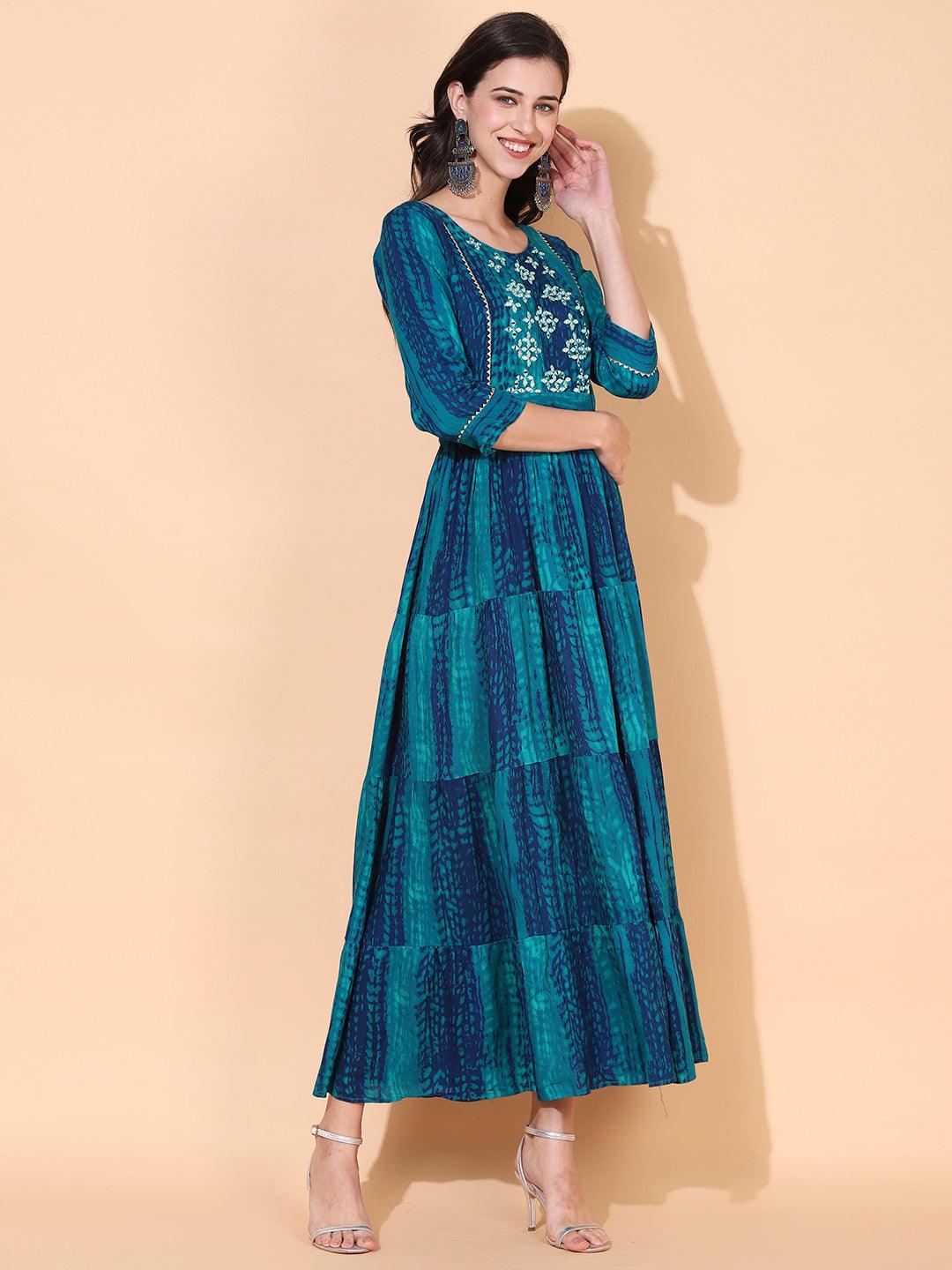 Tie - Dye Printed & Embroidered Tiered Flared Maxi Dress - Teal Blue - Indiakreations