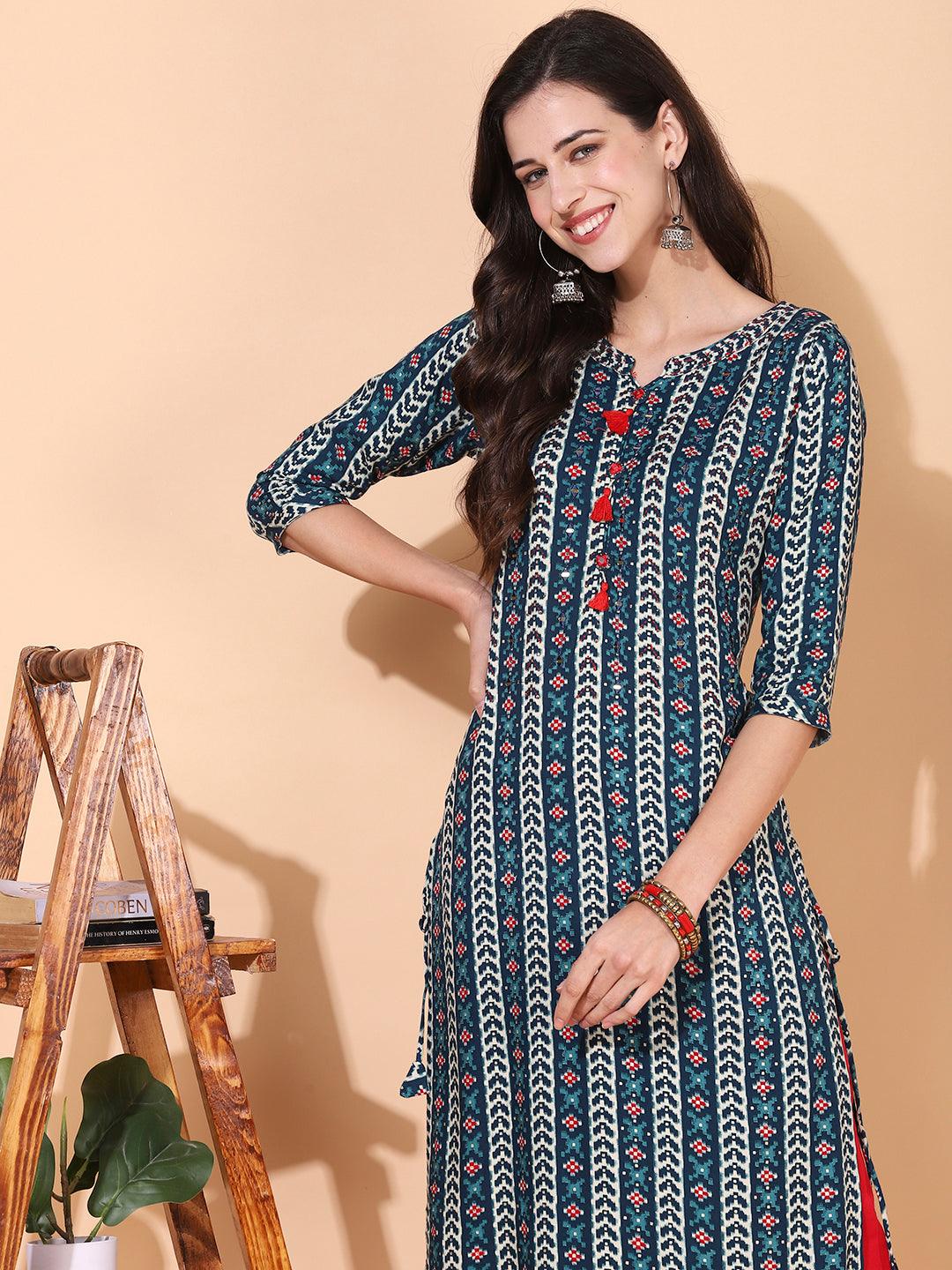 Ethnic Printed & Embroidered Straight Fit Kurta – Multi - Indiakreations