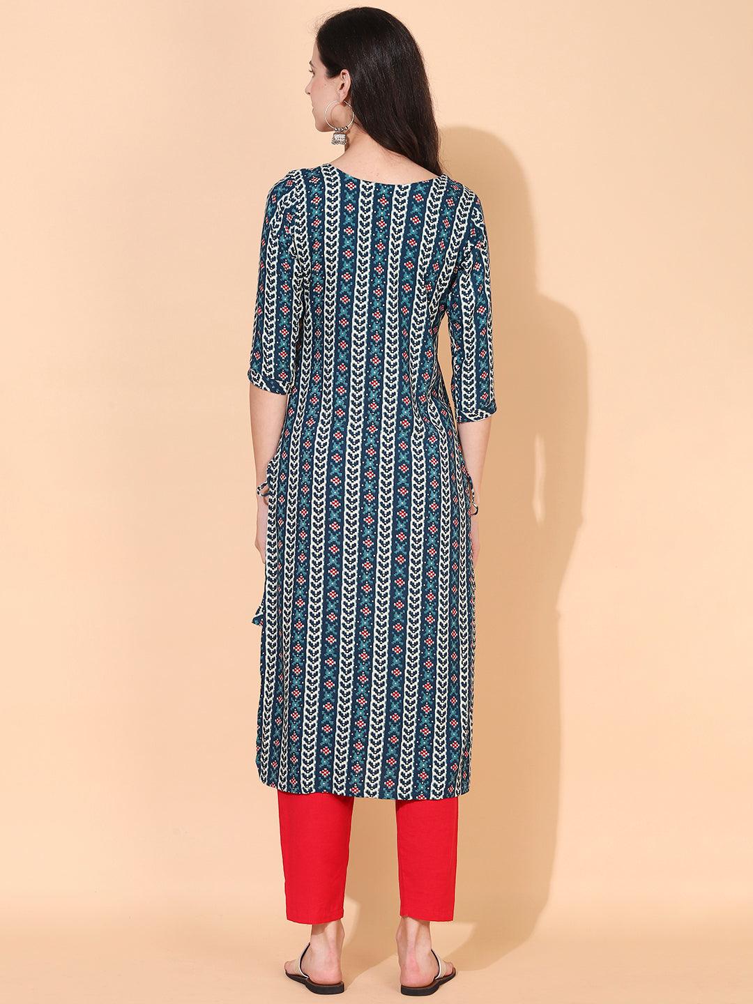 Ethnic Printed & Embroidered Straight Fit Kurta – Multi - Indiakreations