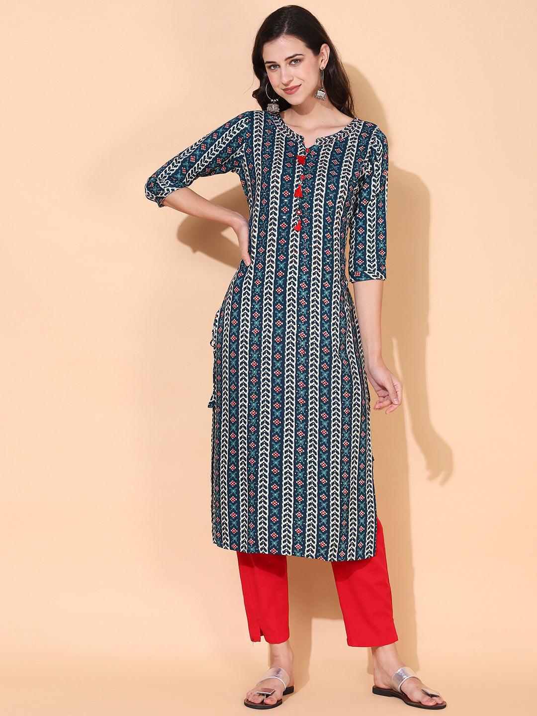 Ethnic Printed & Embroidered Straight Fit Kurta – Multi - Indiakreations