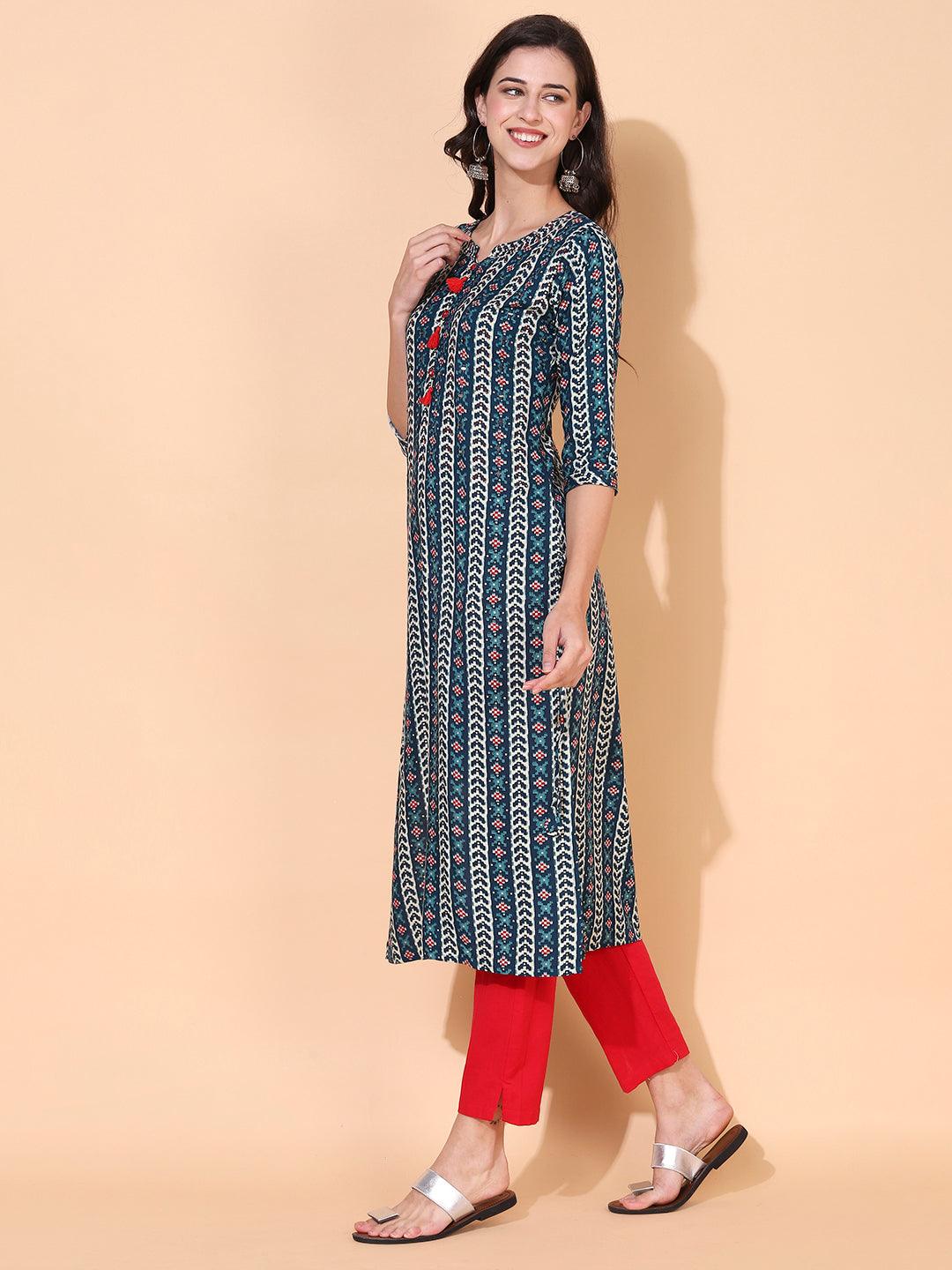 Ethnic Printed & Embroidered Straight Fit Kurta – Multi - Indiakreations