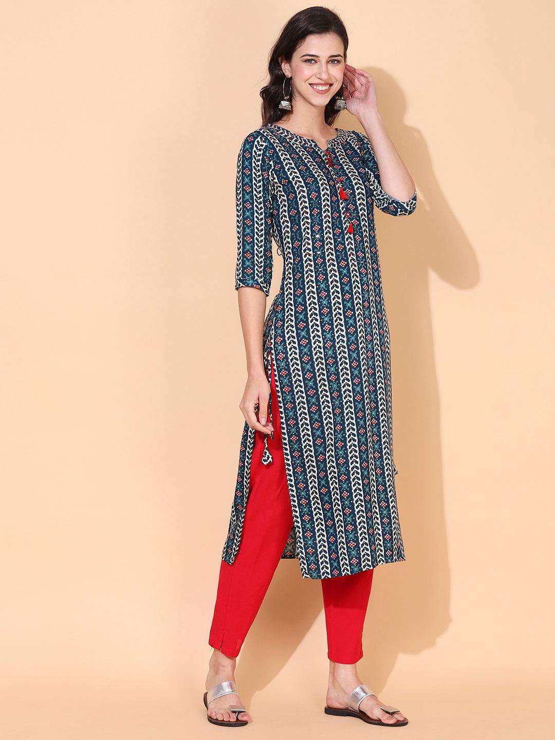 Ethnic Printed & Embroidered Straight Fit Kurta – Multi - Indiakreations