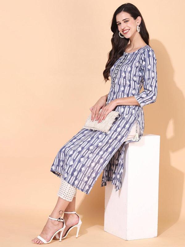 Ethnic Woven & Embroidered Straight Fit Kurta - Multi - Indiakreations