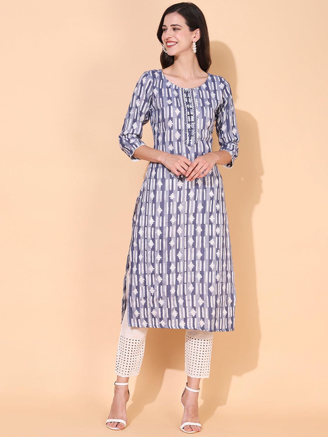 Ethnic Woven & Embroidered Straight Fit Kurta - Multi - Indiakreations