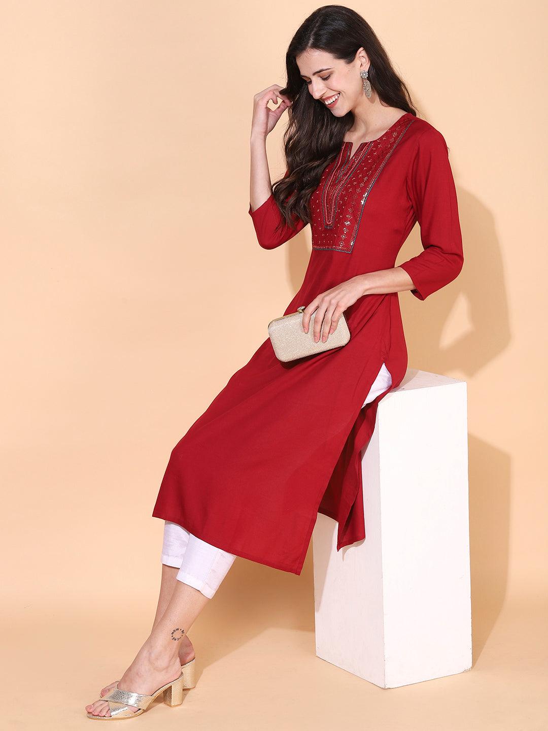 Ethnic Embroidered Straight Fit Kurta - Maroon - Indiakreations