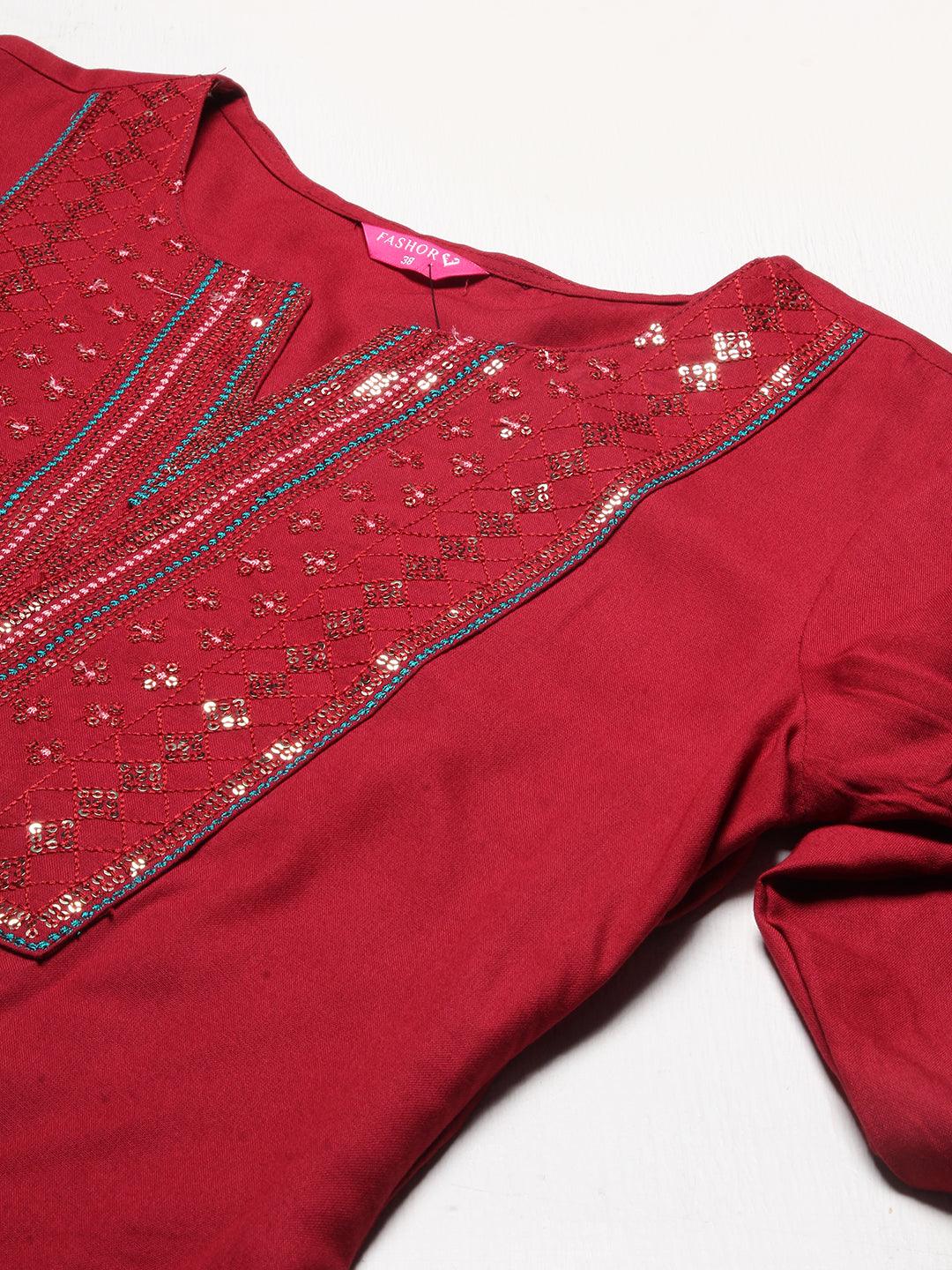 Ethnic Embroidered Straight Fit Kurta - Maroon - Indiakreations