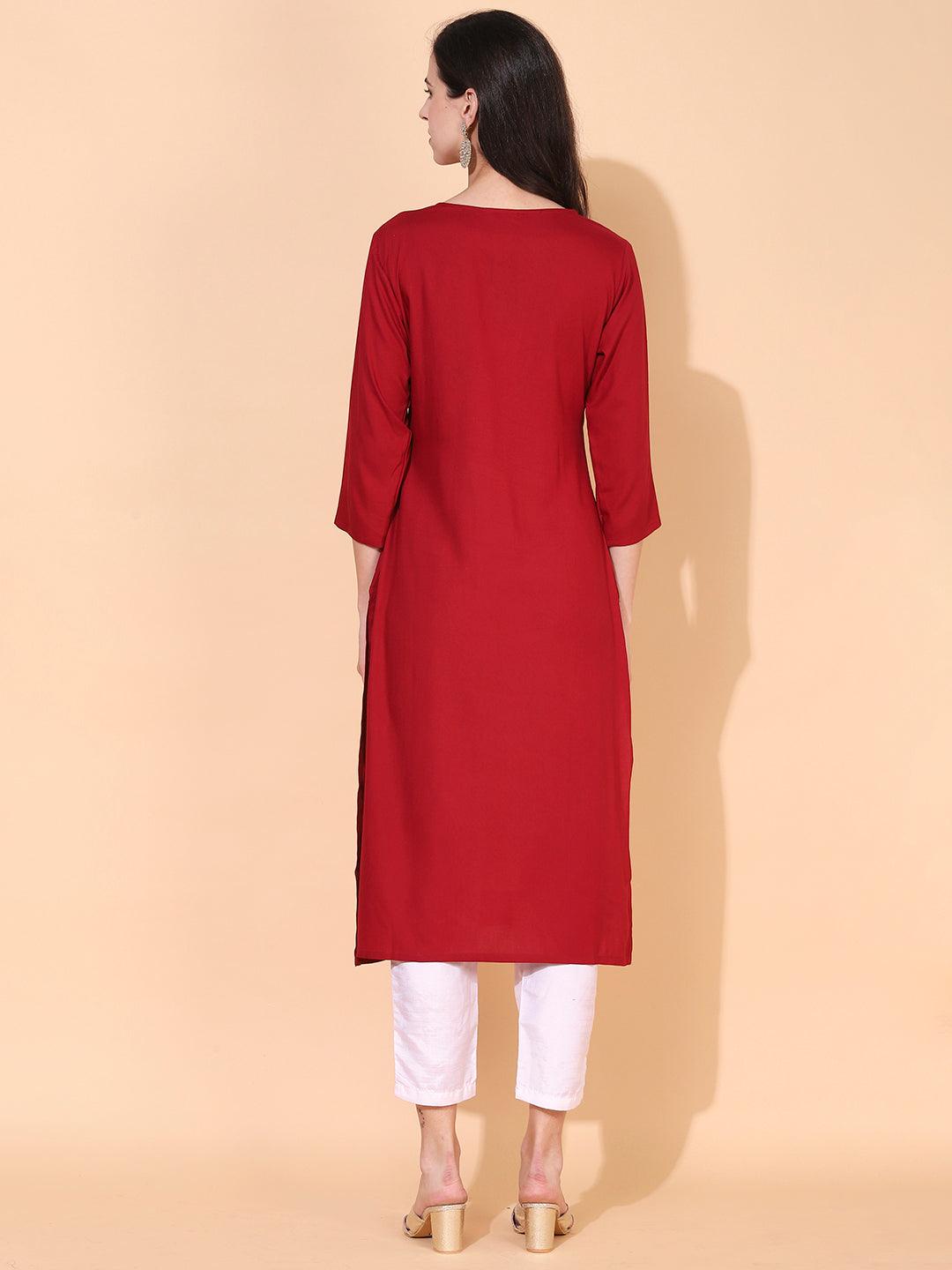 Ethnic Embroidered Straight Fit Kurta - Maroon - Indiakreations