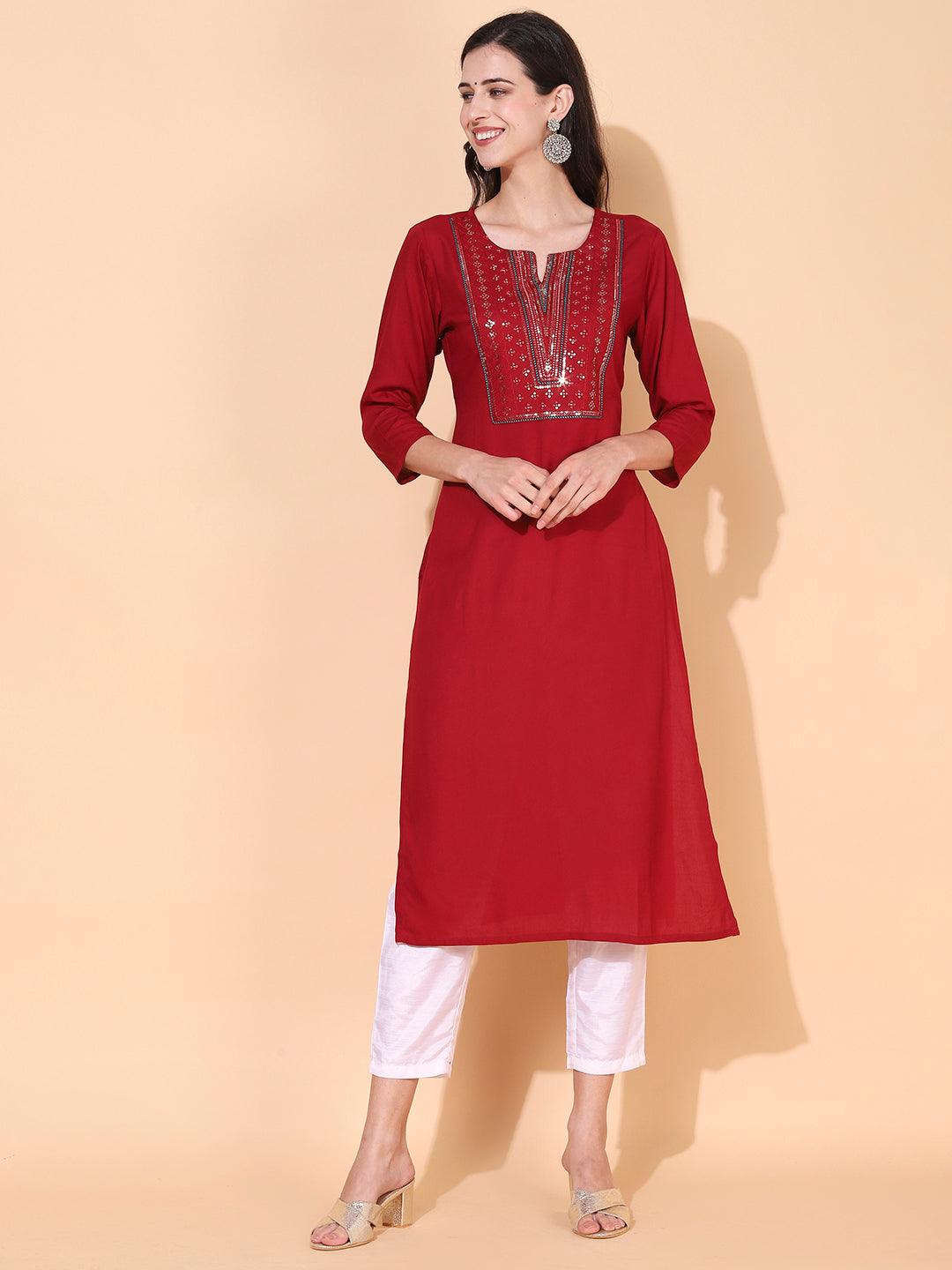 Ethnic Embroidered Straight Fit Kurta - Maroon - Indiakreations