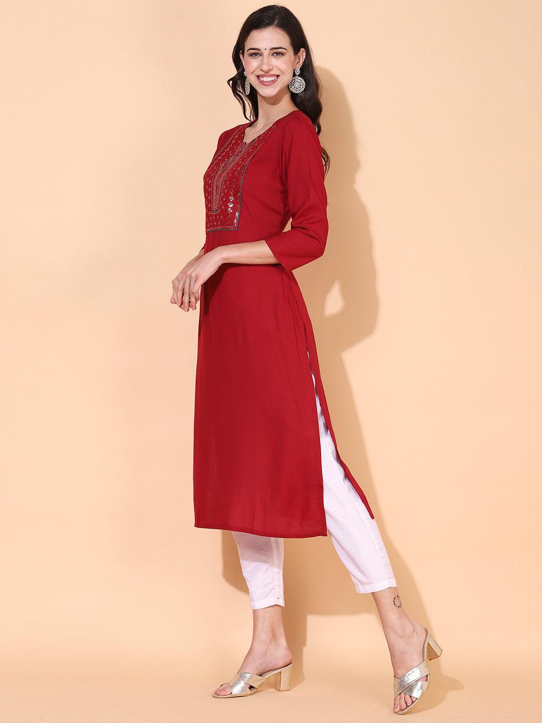 Ethnic Embroidered Straight Fit Kurta - Maroon - Indiakreations