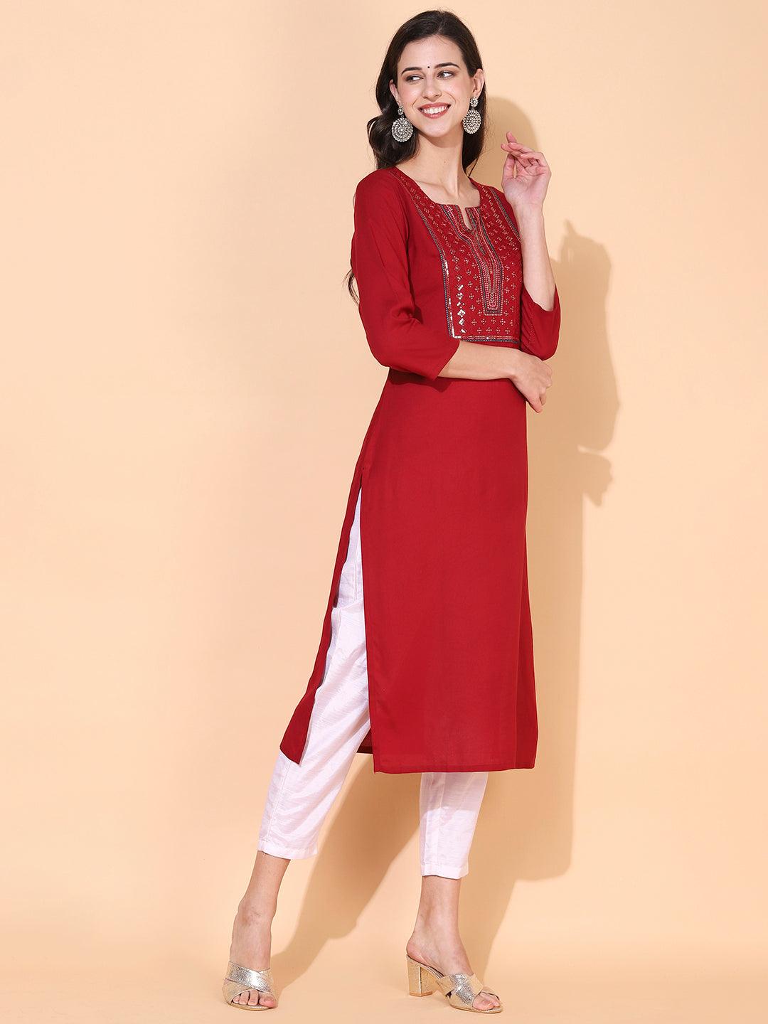 Ethnic Embroidered Straight Fit Kurta - Maroon - Indiakreations