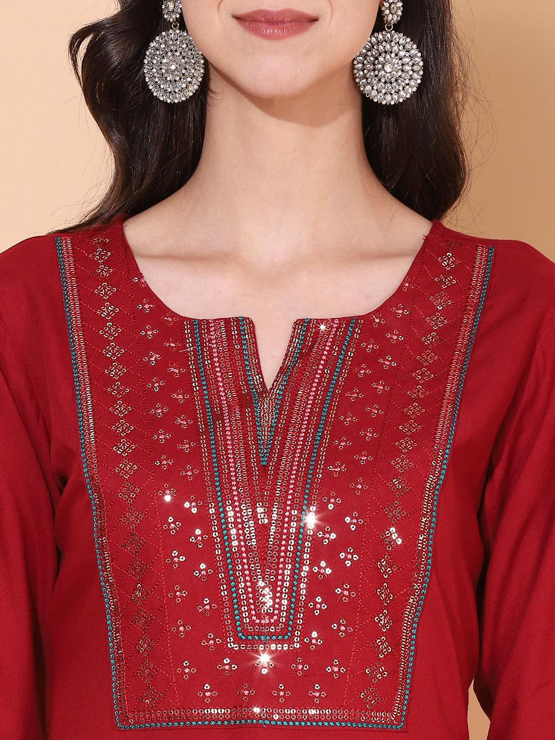 Ethnic Embroidered Straight Fit Kurta - Maroon - Indiakreations