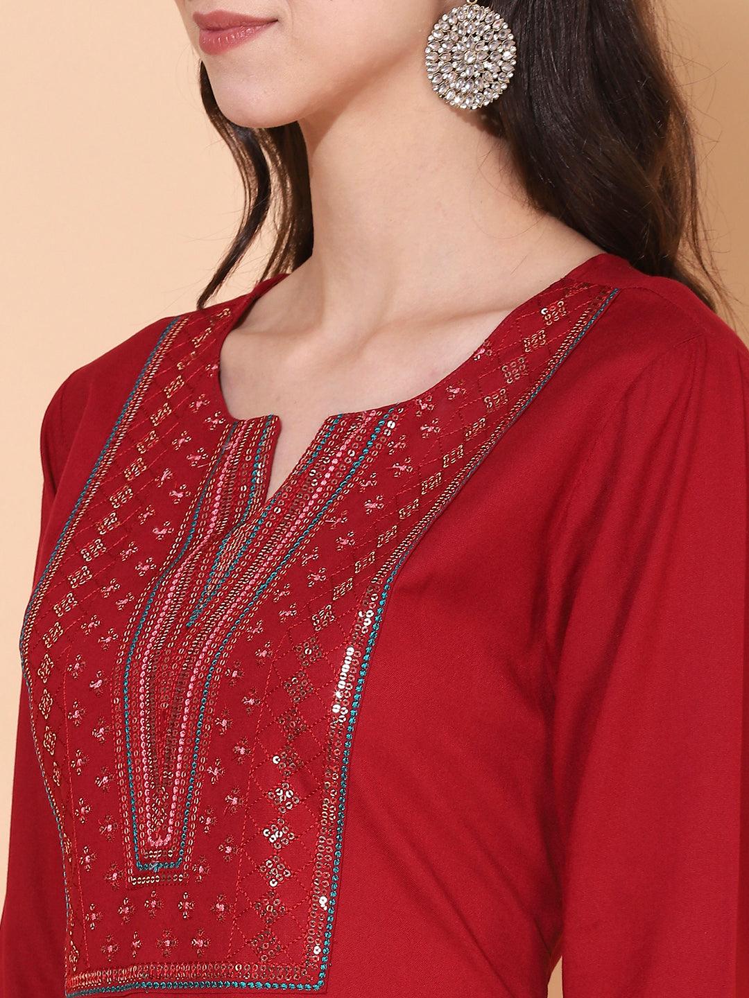 Ethnic Embroidered Straight Fit Kurta - Maroon - Indiakreations