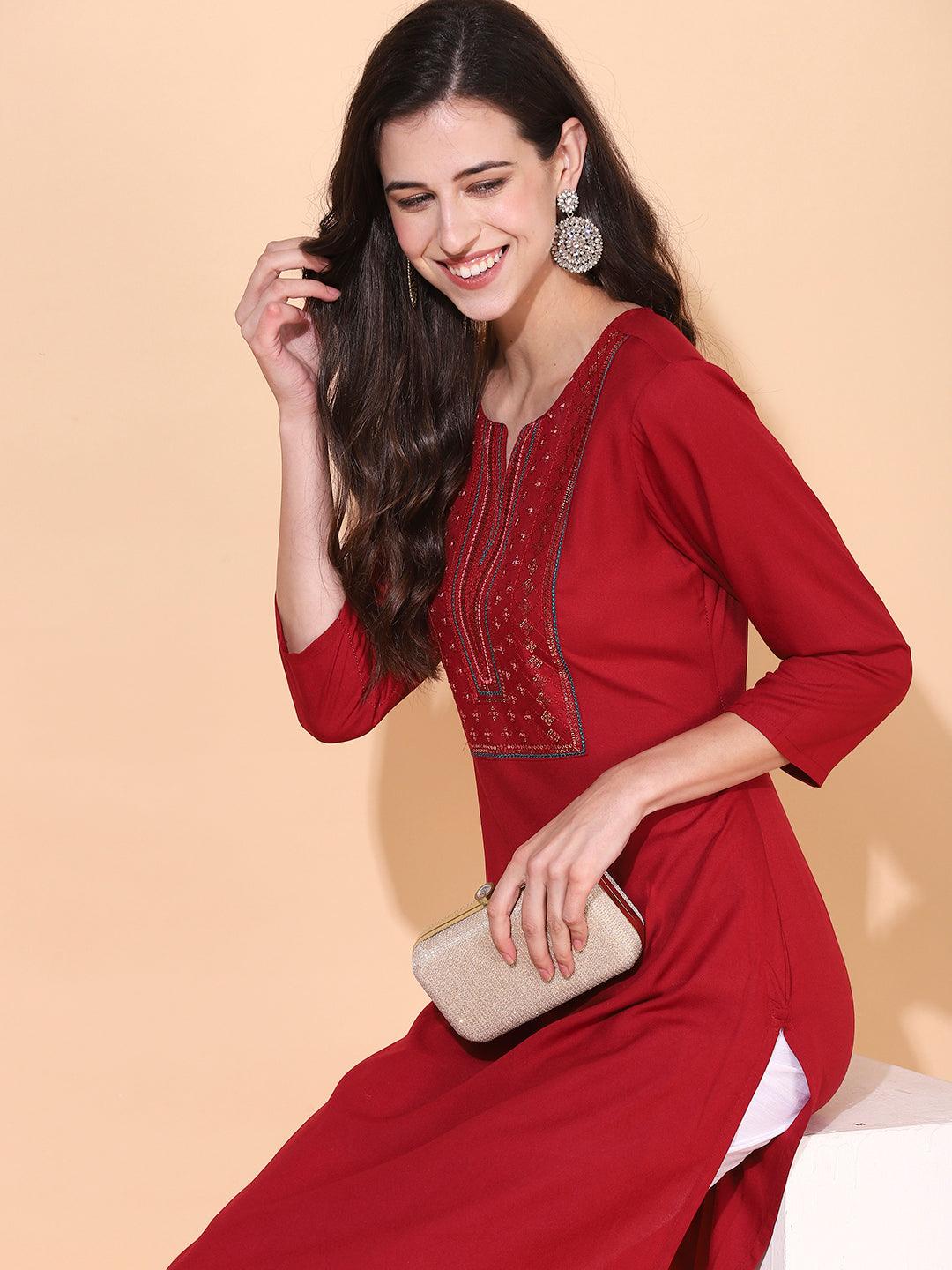 Ethnic Embroidered Straight Fit Kurta - Maroon - Indiakreations