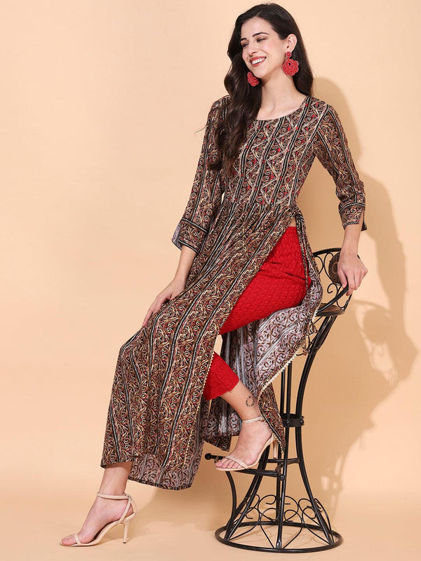 Ethnic Printed & Embroidered A-Line Kurta – Multi - Indiakreations