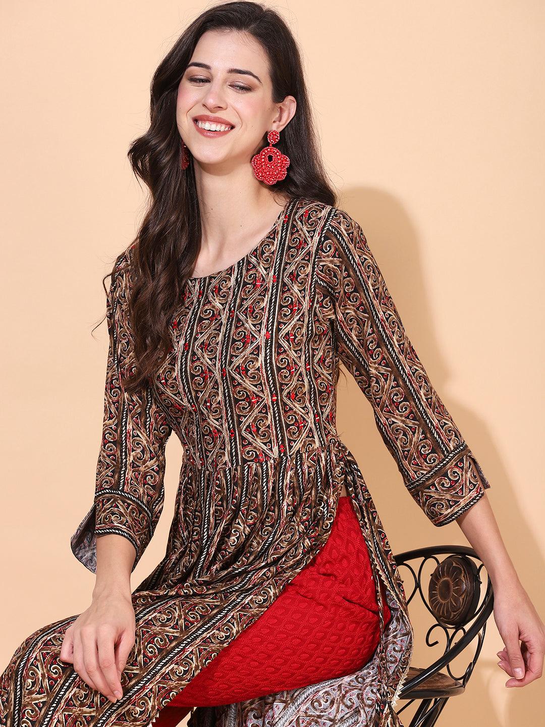 Ethnic Printed & Embroidered A-Line Kurta – Multi - Indiakreations