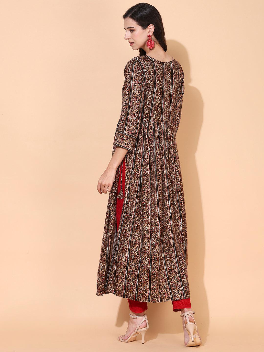 Ethnic Printed & Embroidered A-Line Kurta – Multi - Indiakreations