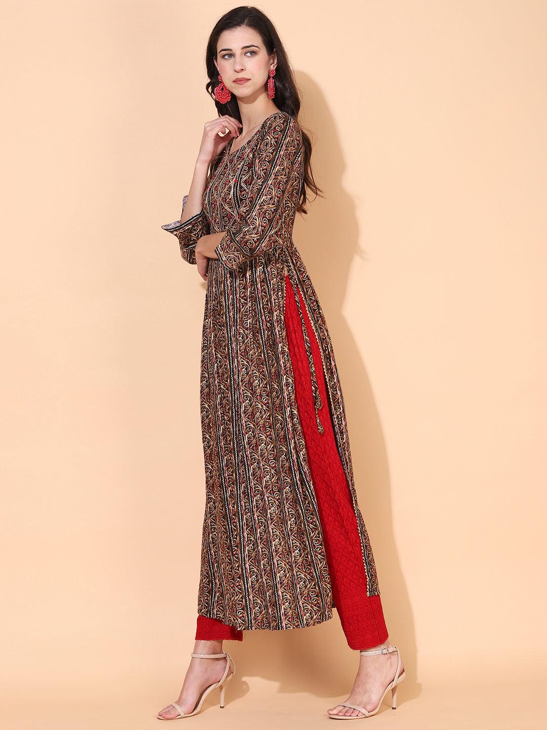 Ethnic Printed & Embroidered A-Line Kurta – Multi - Indiakreations