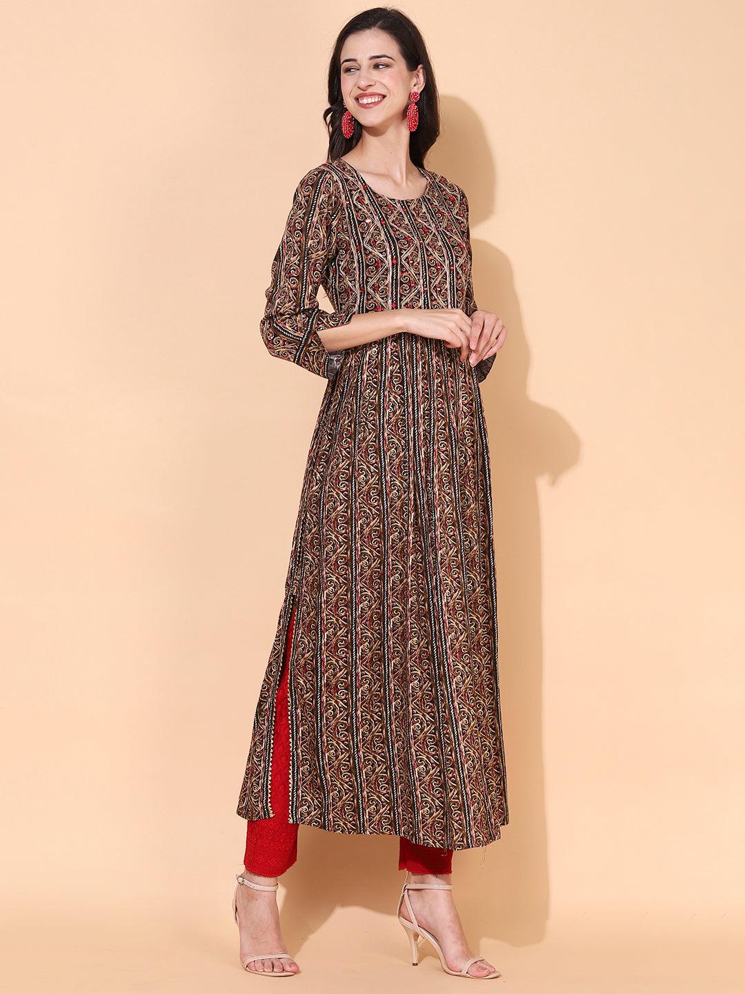 Ethnic Printed & Embroidered A-Line Kurta – Multi - Indiakreations