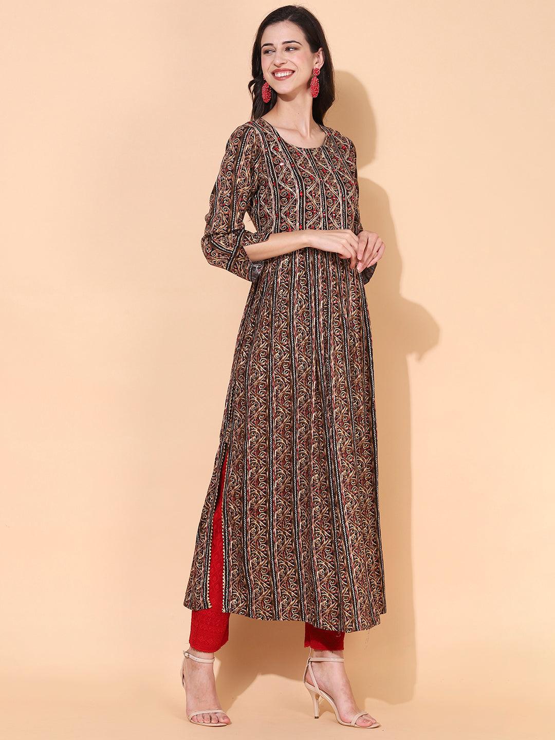 Ethnic Printed & Embroidered A-Line Kurta – Multi - Indiakreations