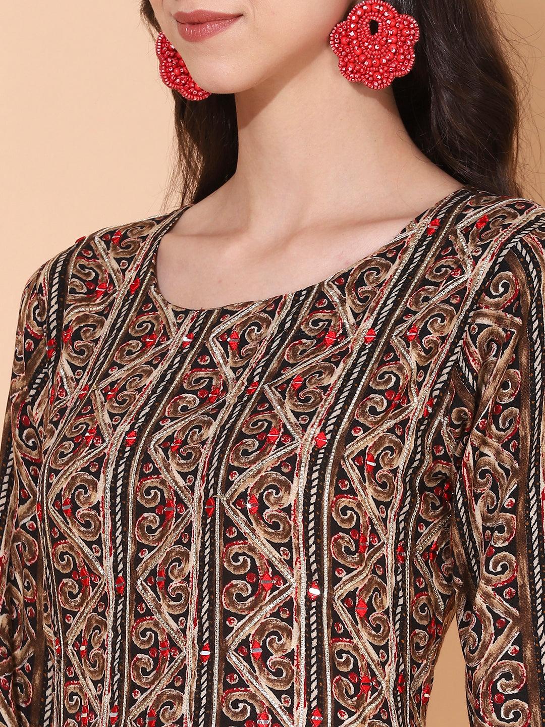 Ethnic Printed & Embroidered A-Line Kurta – Multi - Indiakreations