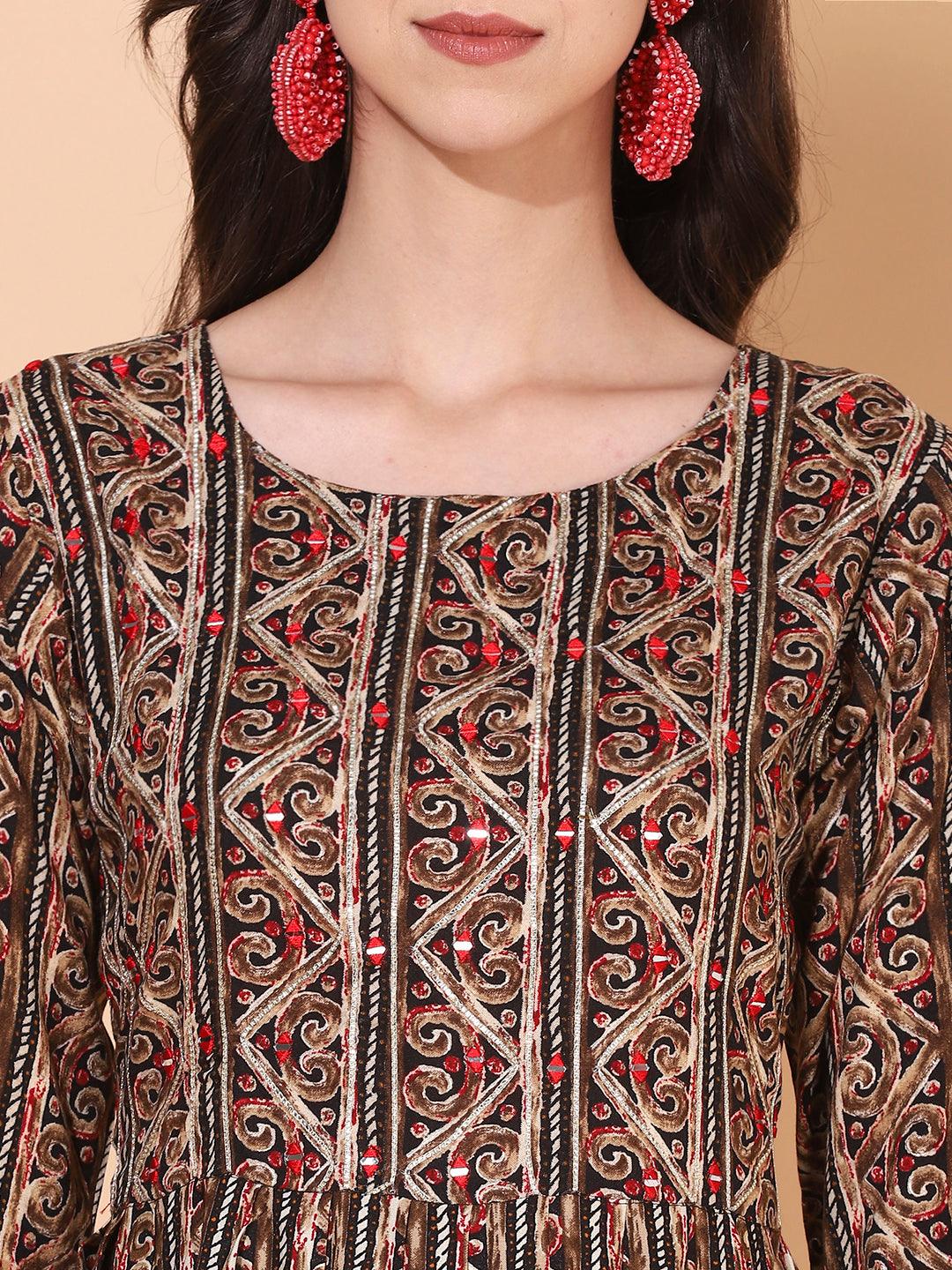 Ethnic Printed & Embroidered A-Line Kurta – Multi - Indiakreations