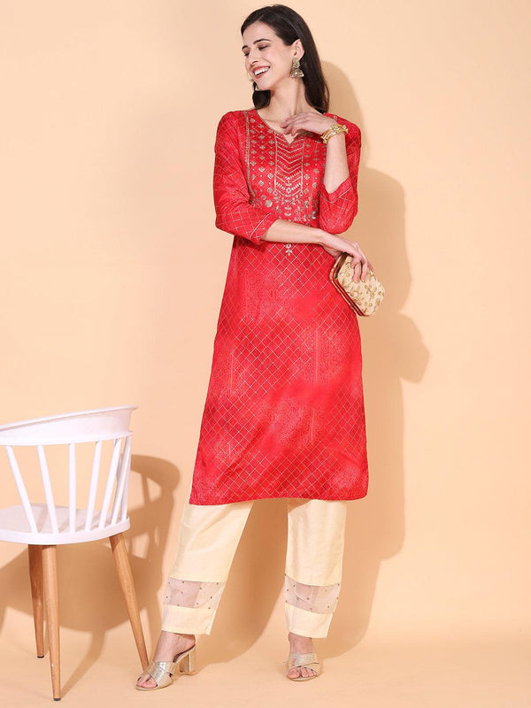 Ethnic Printed & Embroidered Straight Fit Kurta – Red - Indiakreations