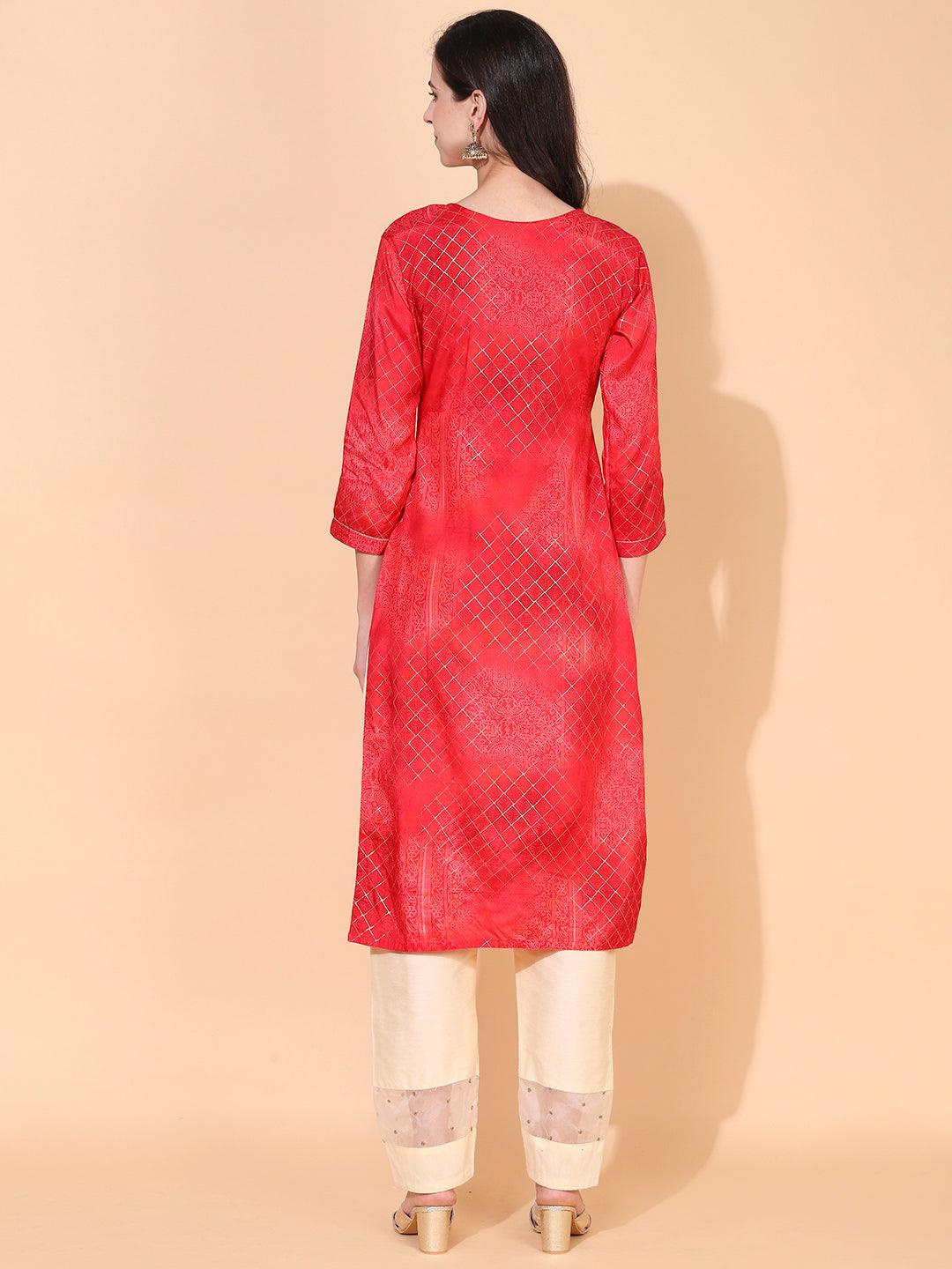 Ethnic Printed & Embroidered Straight Fit Kurta – Red - Indiakreations