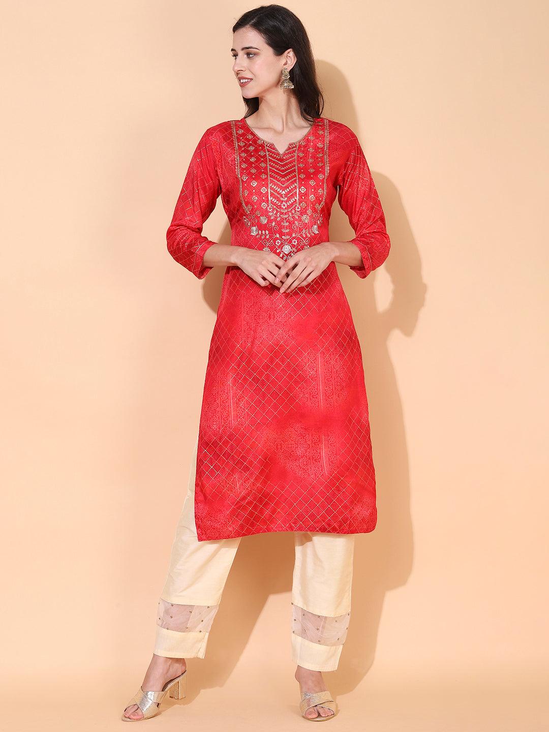 Ethnic Printed & Embroidered Straight Fit Kurta – Red - Indiakreations