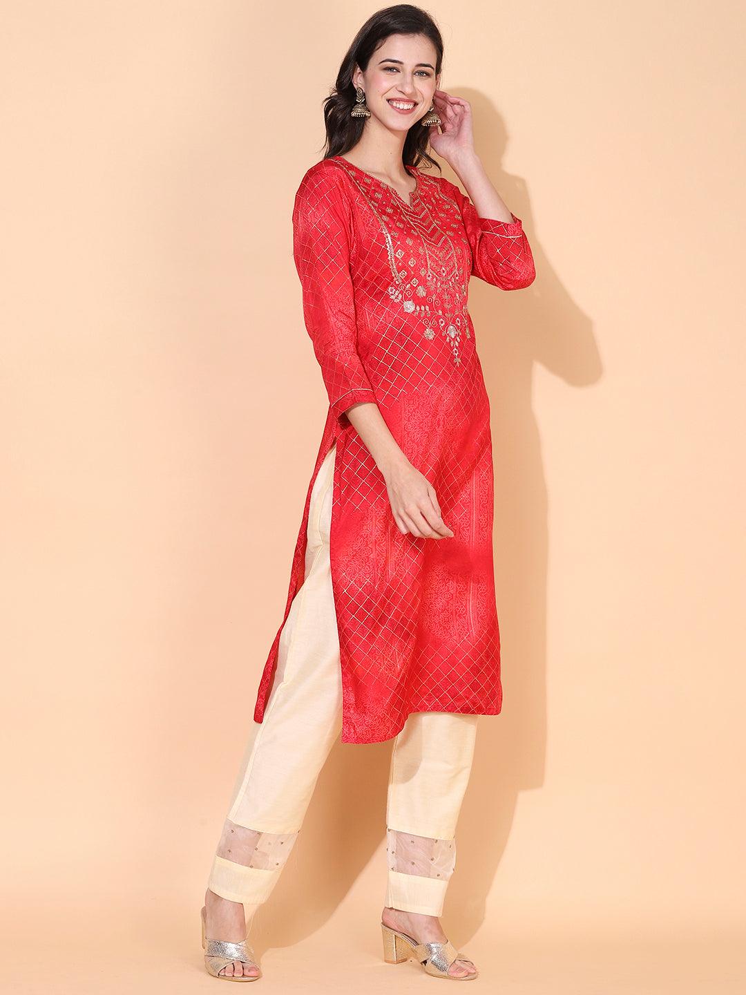 Ethnic Printed & Embroidered Straight Fit Kurta – Red - Indiakreations