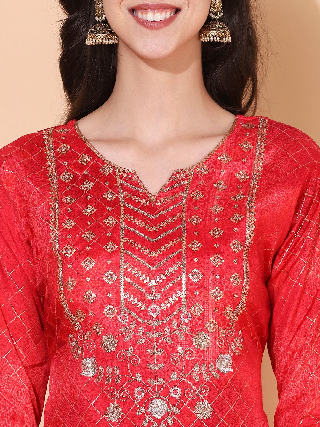 Ethnic Printed & Embroidered Straight Fit Kurta – Red - Indiakreations