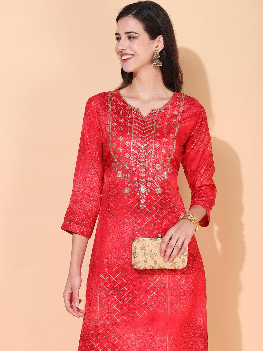 Ethnic Printed & Embroidered Straight Fit Kurta – Red - Indiakreations