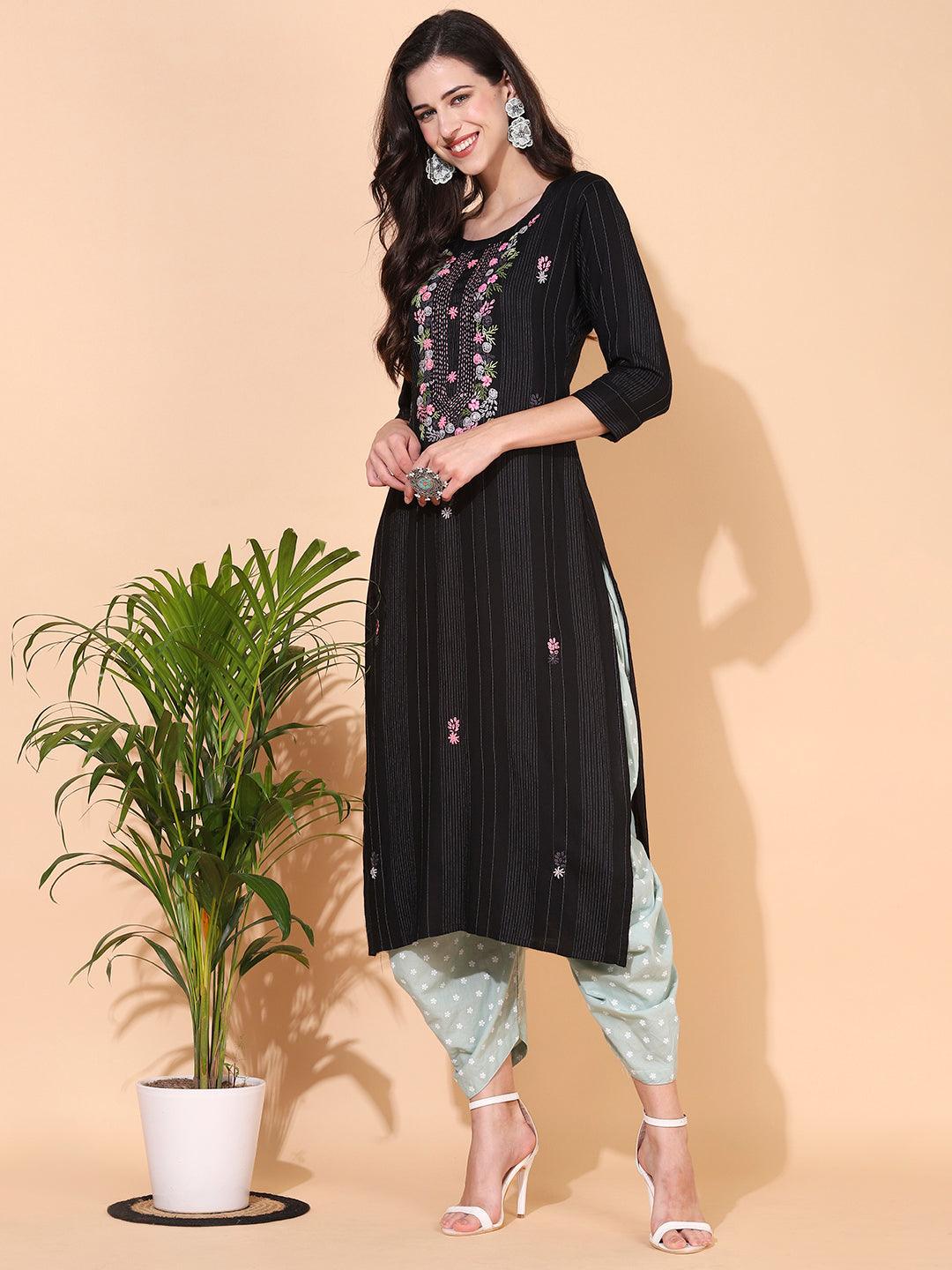 Ethnic Woven & Hand Embroidered Straight Fit Kurta – Black - Indiakreations