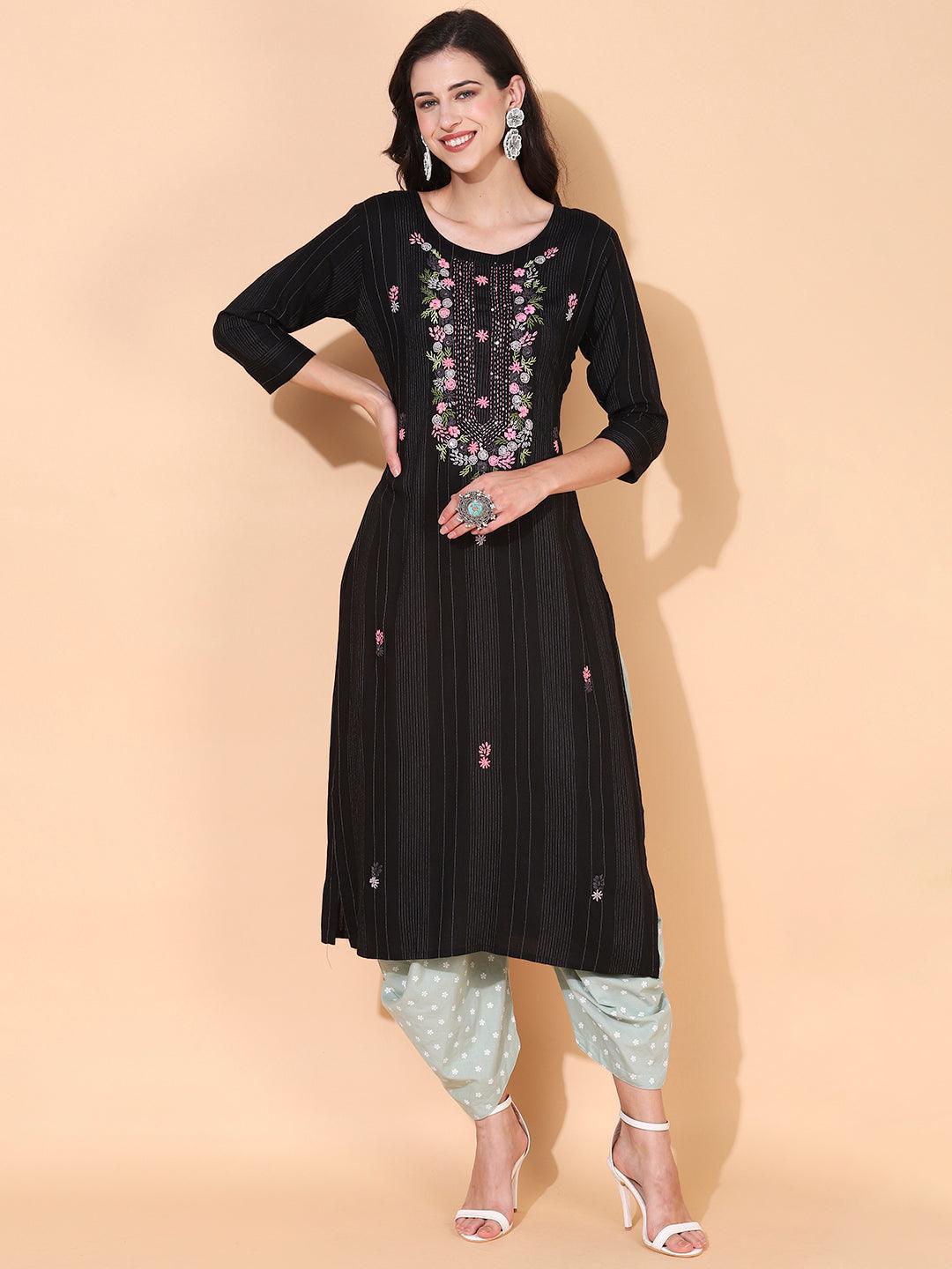 Ethnic Woven & Hand Embroidered Straight Fit Kurta – Black - Indiakreations