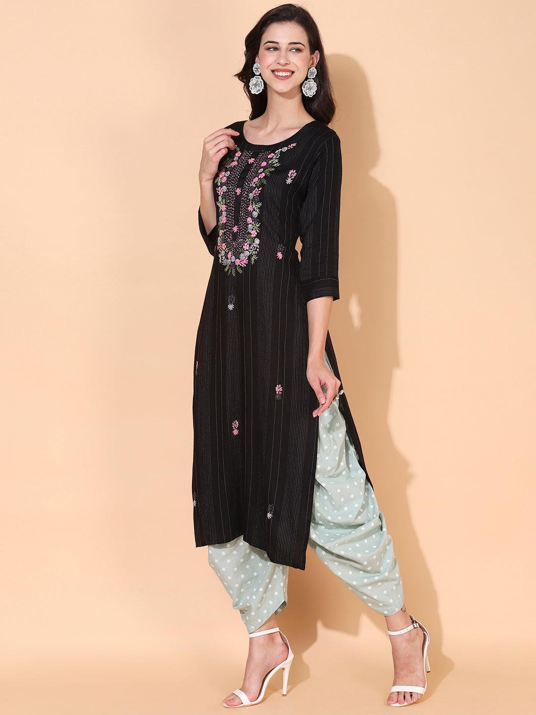 Ethnic Woven & Hand Embroidered Straight Fit Kurta – Black - Indiakreations