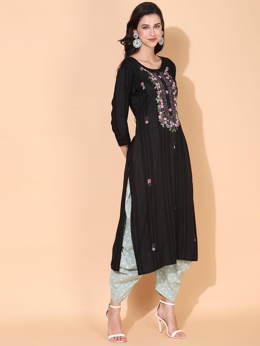 Ethnic Woven & Hand Embroidered Straight Fit Kurta – Black - Indiakreations