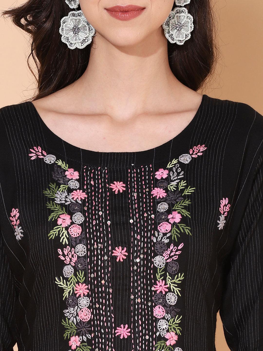 Ethnic Woven & Hand Embroidered Straight Fit Kurta – Black - Indiakreations