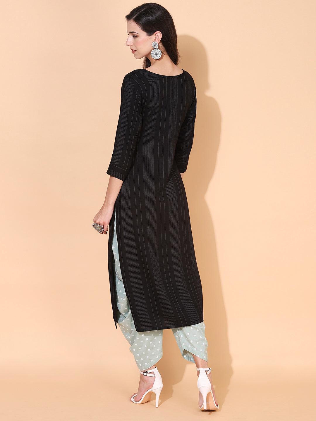 Ethnic Woven & Hand Embroidered Straight Fit Kurta – Black - Indiakreations