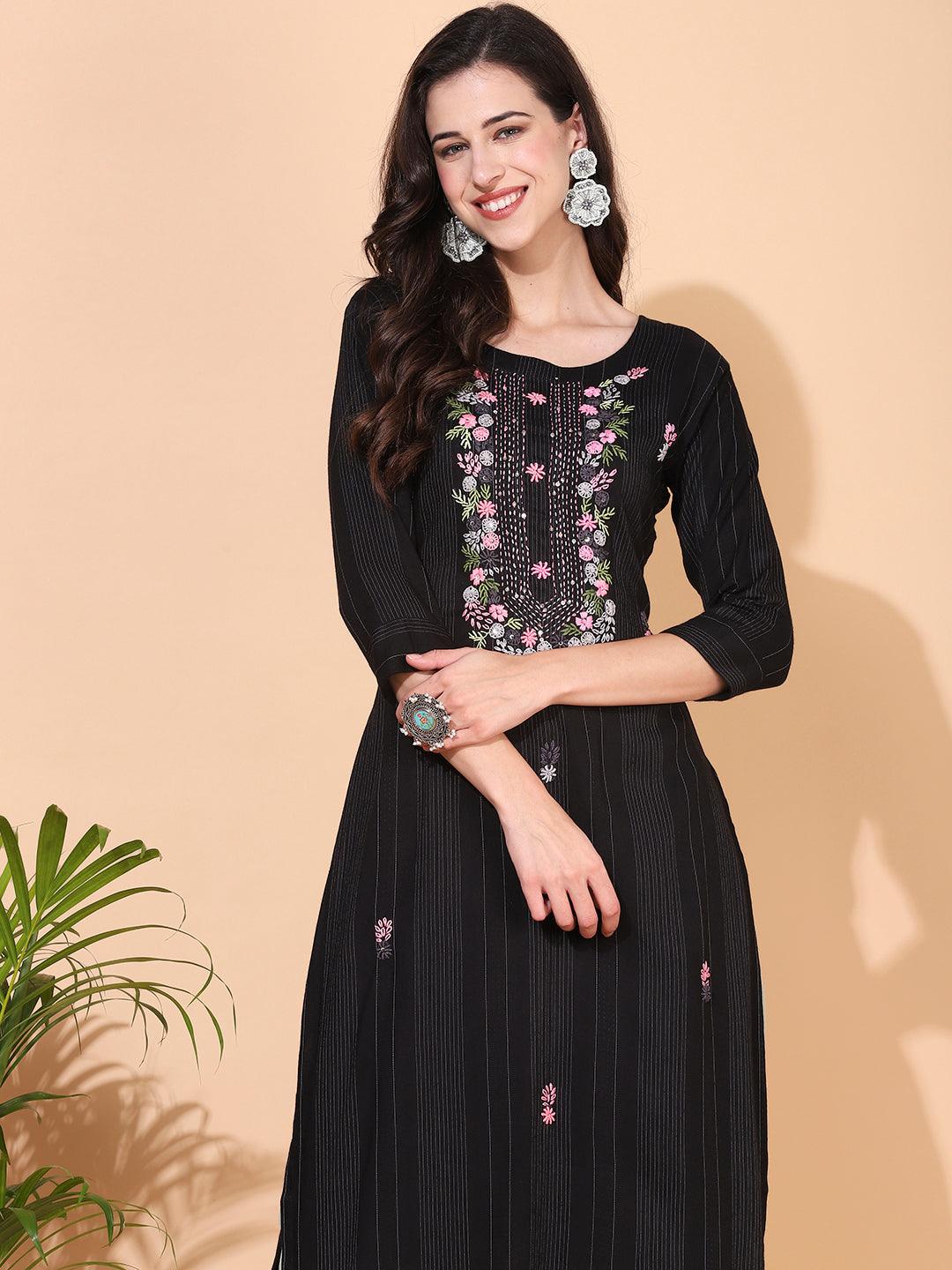 Ethnic Woven & Hand Embroidered Straight Fit Kurta – Black - Indiakreations