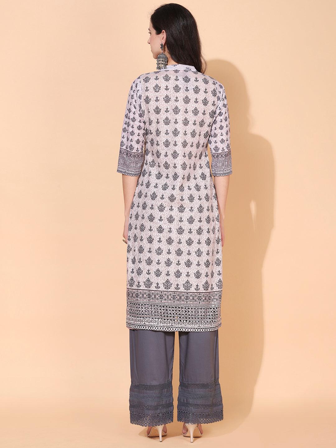 Ethnic Printed & Embroidered Straight Fit Kurta - Dusty Beige - Indiakreations