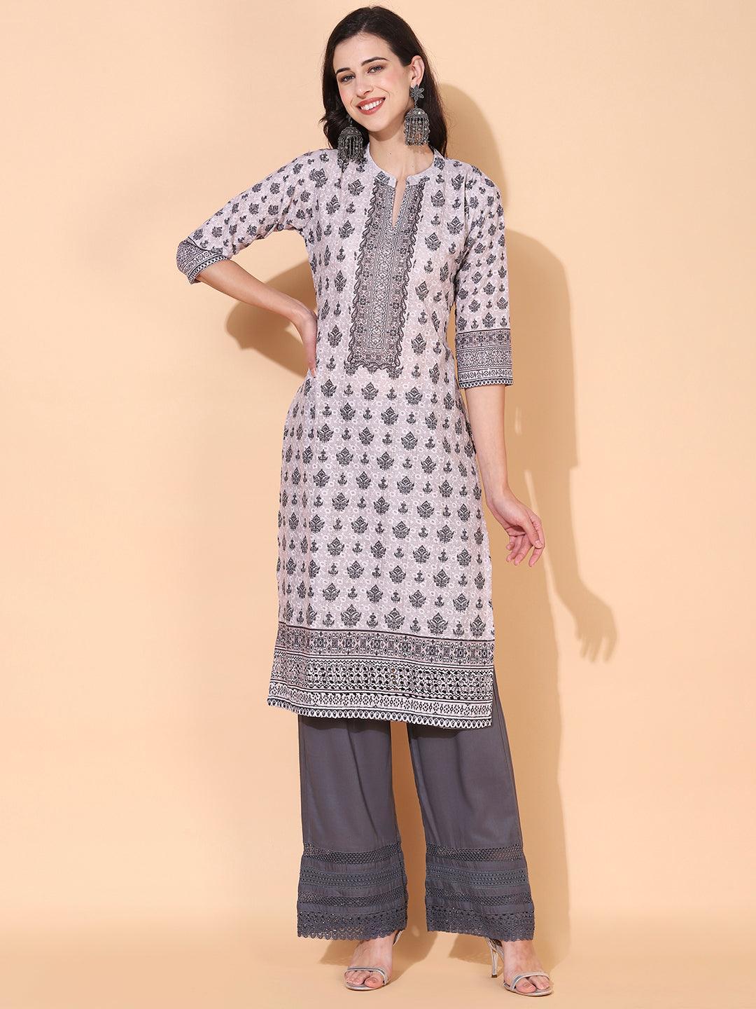 Ethnic Printed & Embroidered Straight Fit Kurta - Dusty Beige - Indiakreations