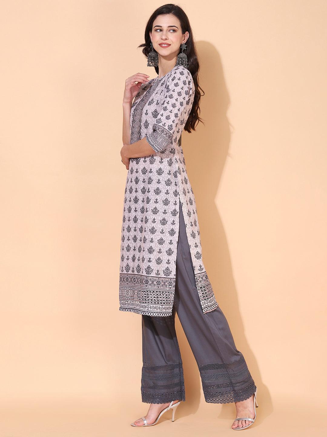 Ethnic Printed & Embroidered Straight Fit Kurta - Dusty Beige - Indiakreations