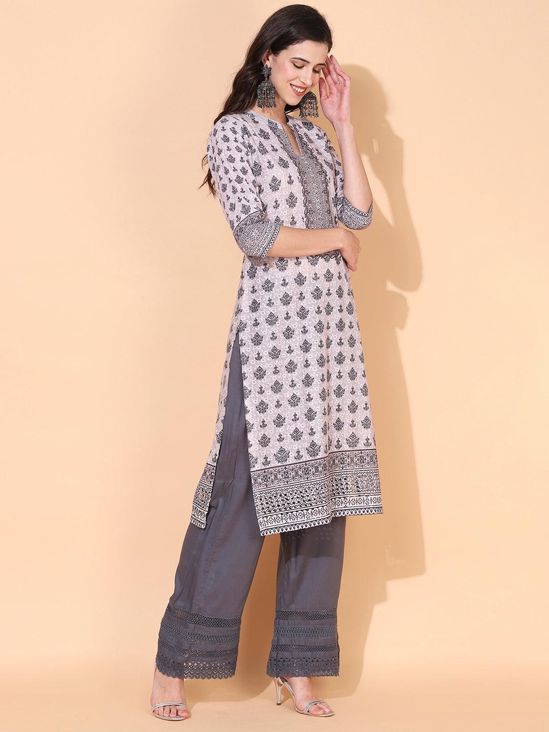 Ethnic Printed & Embroidered Straight Fit Kurta - Dusty Beige - Indiakreations