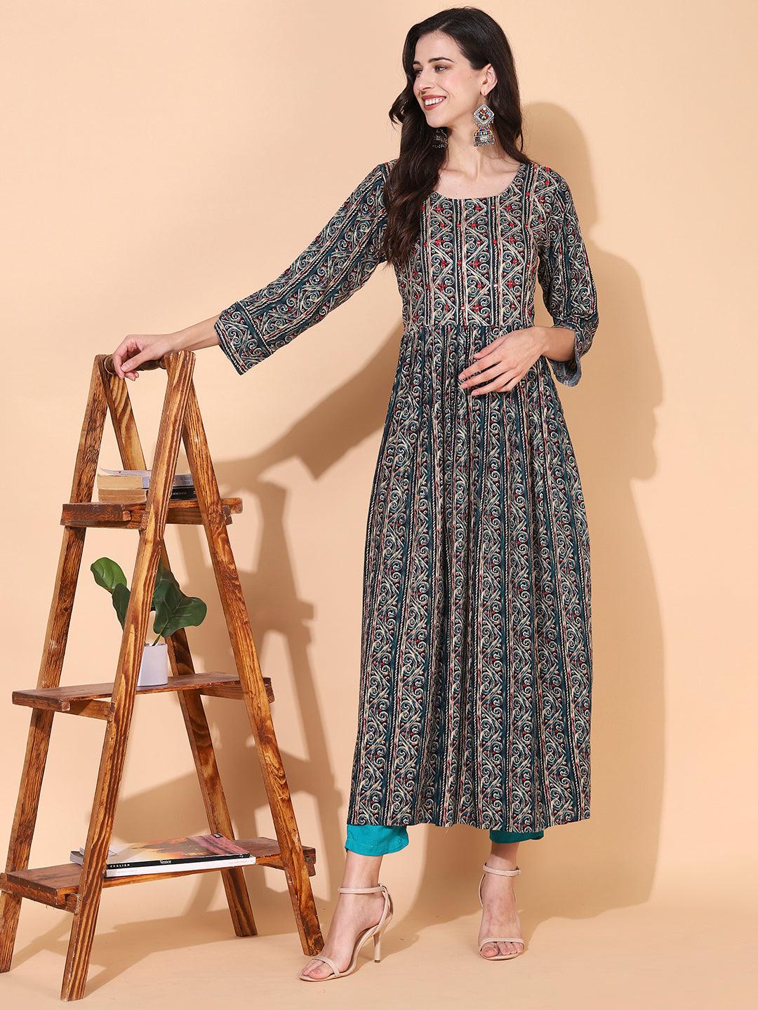 Ethnic Printed & Embroidered A-Line Kurta - Multi - Indiakreations