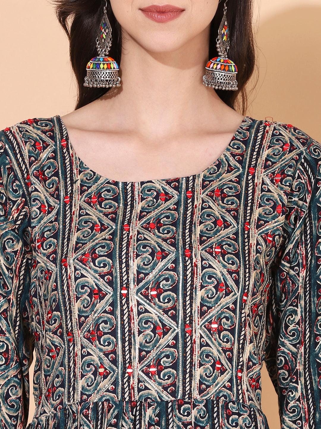 Ethnic Printed & Embroidered A-Line Kurta - Multi - Indiakreations