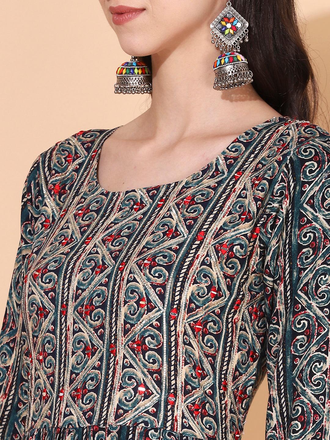 Ethnic Printed & Embroidered A-Line Kurta - Multi - Indiakreations