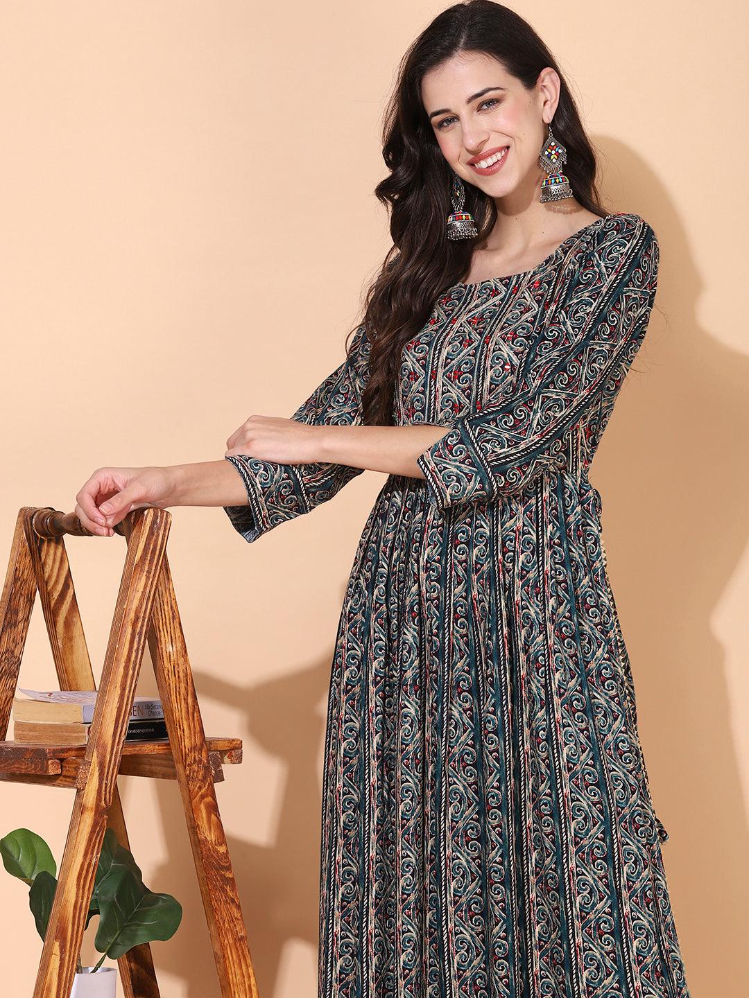 Ethnic Printed & Embroidered A-Line Kurta - Multi - Indiakreations