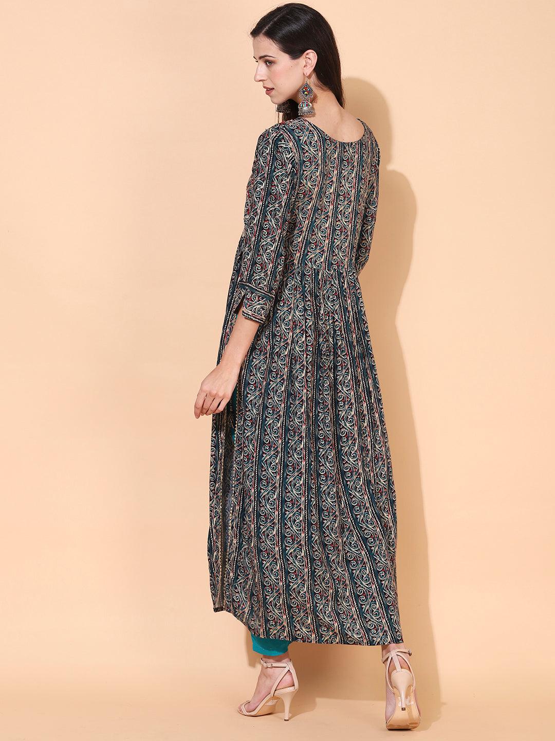 Ethnic Printed & Embroidered A-Line Kurta - Multi - Indiakreations