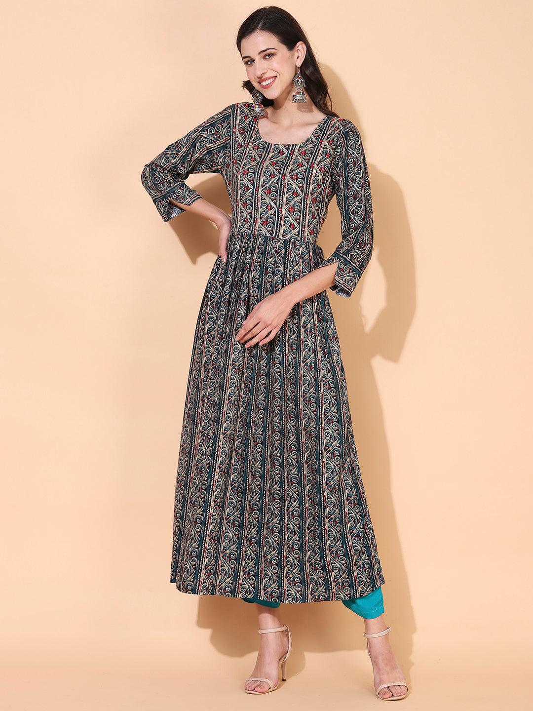 Ethnic Printed & Embroidered A-Line Kurta - Multi - Indiakreations