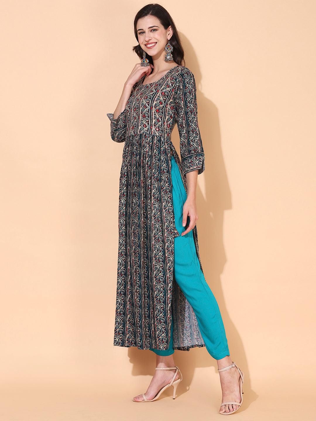 Ethnic Printed & Embroidered A-Line Kurta - Multi - Indiakreations