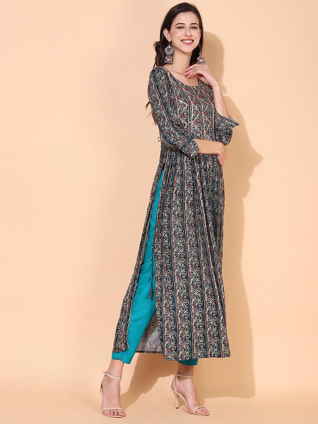 Ethnic Printed & Embroidered A-Line Kurta - Multi - Indiakreations